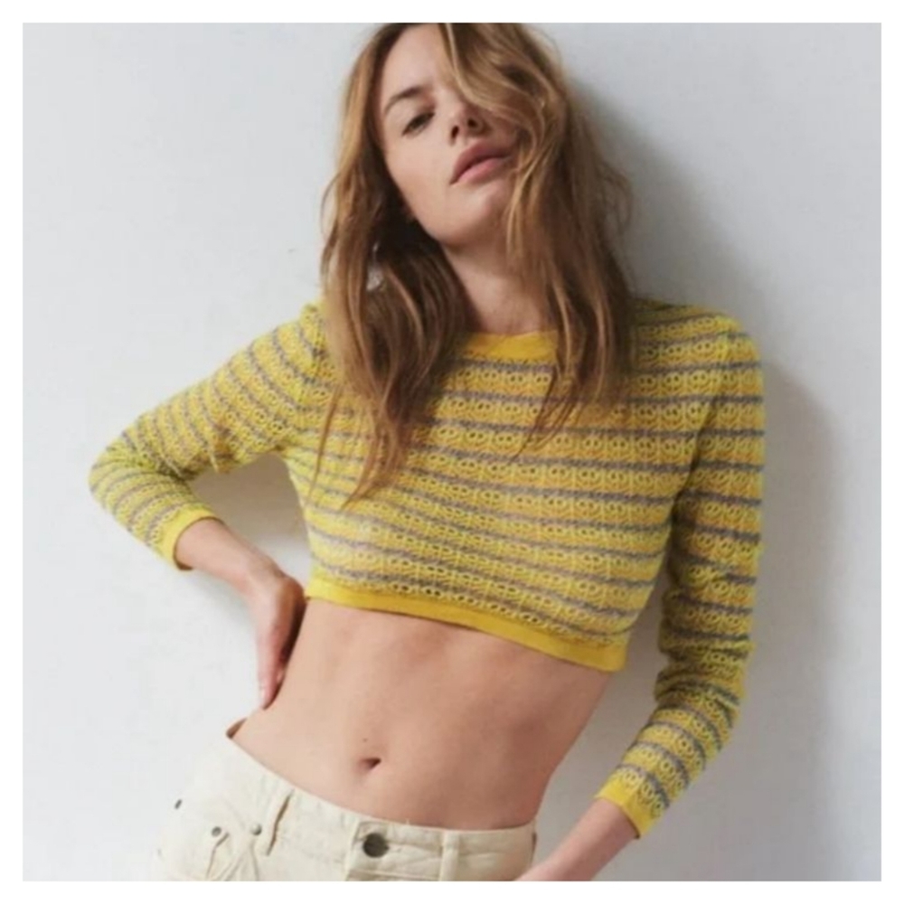 Zara Pointelle Knit Striped Crop Sweater